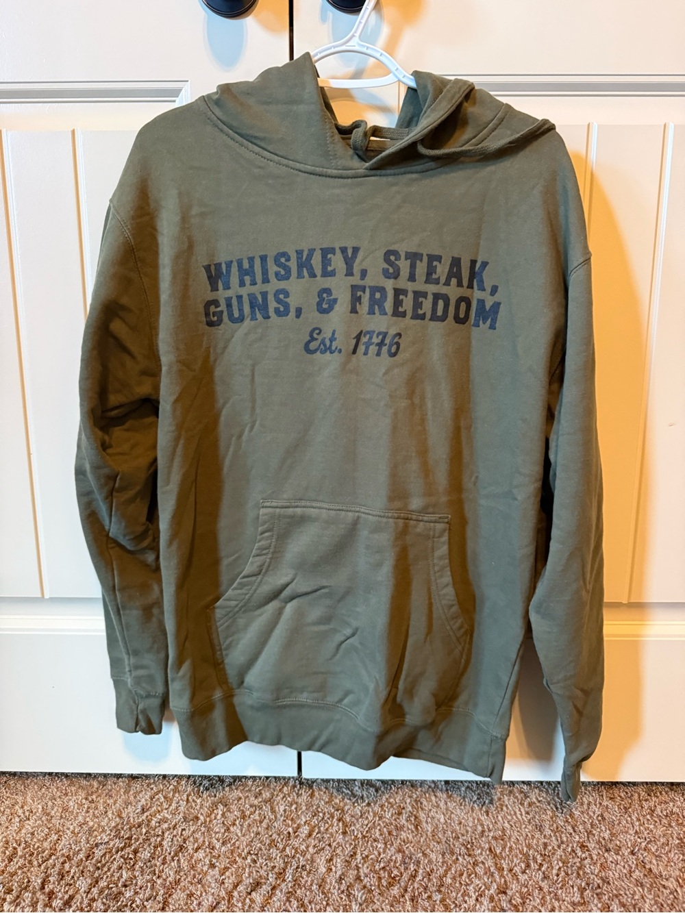 Olive Green Graphic Pullover Hoodie - 'Whiskey, Steak, Guns, & Freedom'